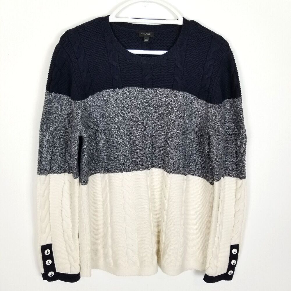 Talbots Women Colorblock Cableknit Pullover sweater Size L White Gray‎ Navy Crew